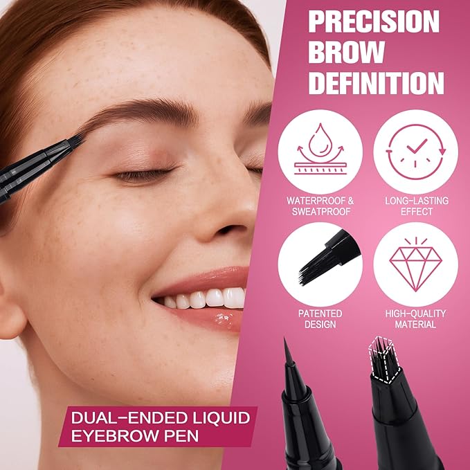 Dual Ended Microblading Eyebrow Pen - 2 in 1 Liquid Eyebrow Pencil with Brow-Fection Angled Brush & Precise Detail Brush-Tip, Shapes & Fills Hair-Like Brows, Lasts All-Day, Black Brown