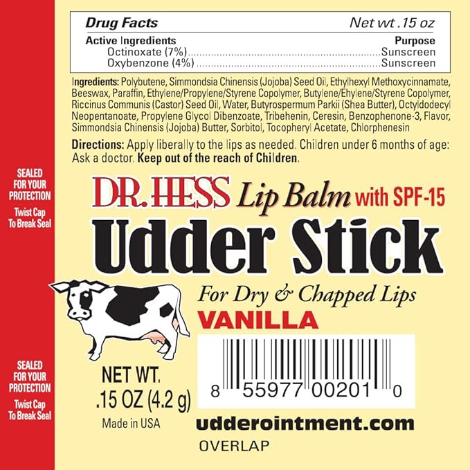 Original Udder Stick SPF Lip Balm, Soothing Moisturizer Sun Screen Balm for Dry Lips with Jojoba, Beeswax & Shea Butter, Total Lip Care, Hydration & Repair, Vanilla Flavor, 4 Pack