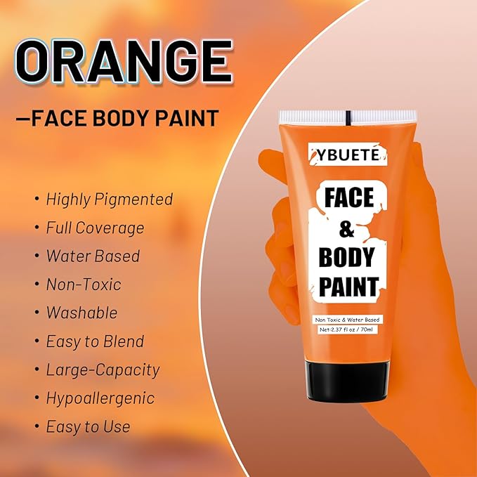 Orange Water Based Face Body Paint, 2.37 OZ Large Tube Full Coverage Face Paint for Tiger Pumpkin Cosplay, Washable Orange Body Painting Cream for Adult Carnival Halloween SFX Makeup