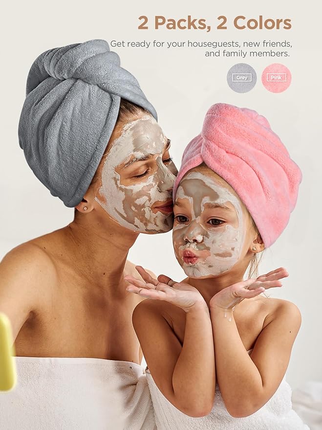 Hicober Microfiber Hair Towel, 2Packs Hair Turbans for Wet Hair, Drying Hair Wrap Towels for Curly Hair Women Anti Frizz(Pink,Grey)