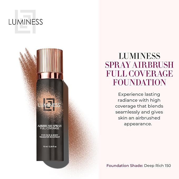 LUMINESS Spray Airbrush Foundation Makeup, Deep Rich Shade 150 - Lightweight, Full Coverage Foundation for Face, Neck, & Body - Concealer for Seamless Blending, Natural-Looking Finish, 2.36 fl oz