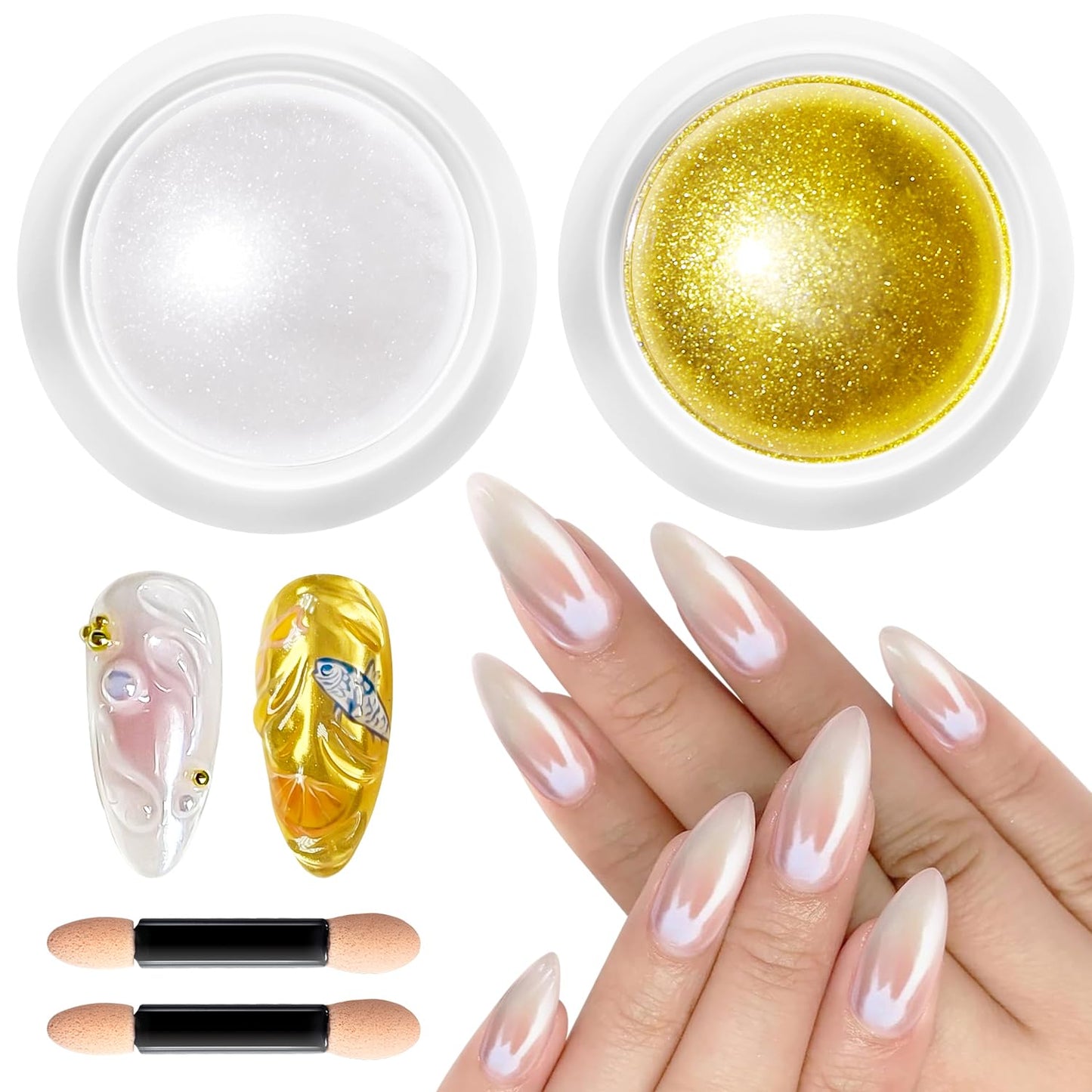 Gold Chrome Nail Powder BISHENGYF -【Magic Mirror Effect】 Pearl Chrome Nail Powder White Clear Aurora Mermaid Iridescent Nail Chrome Powder Pigment Glitter Dust for Manicure Decoation DIY
