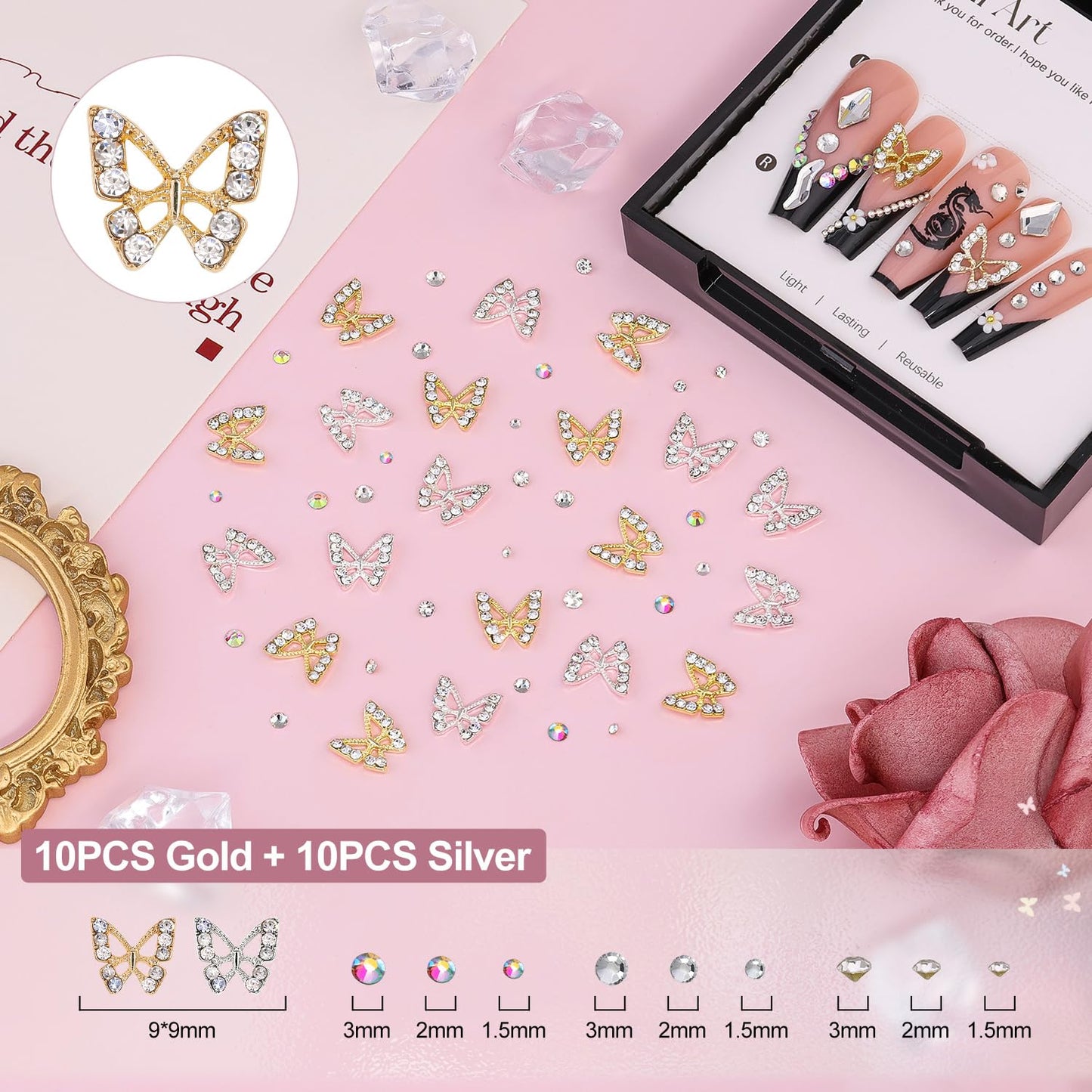 3D Nail Charms and Gems Set 7, 20PCS Chunky Butterfly Charms + 75PCS Coquette Nail Bows and Hearts + 3D Flowers for Nails with Rhinestones, Pearls, Diamonds and Picker Tools for Y2K Nail Decor
