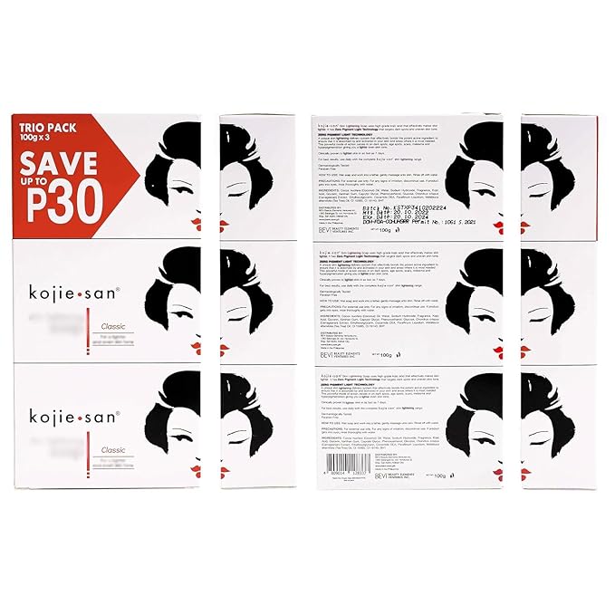 Kojie San Face & Body Complete Brightening Set - 3 x 100g Bars Soap, Body Lotion, Face Cream, Toner, and Face Cleansing Brush - 7pcs