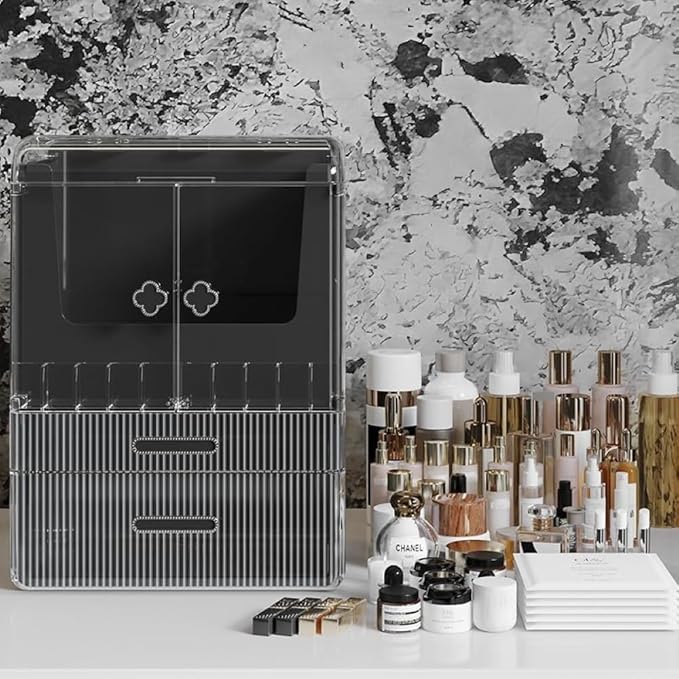 Acrylic Makeup Organizer with Drawers – 38.5CM Large Capacity Cosmetic Storage Box, Dustproof & Waterproof Vanity Organizer for Skincare, Jewelry, Lipsticks & Beauty Products (Black)