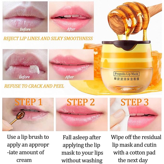 Honey Lip Balm Pot, Honey Lip Mask Propolis Lip Mask Balm Moisturizing Hydrating Prevention Dry and Cracked Lip Scrubs Exfoliator (1 Pack Honey)