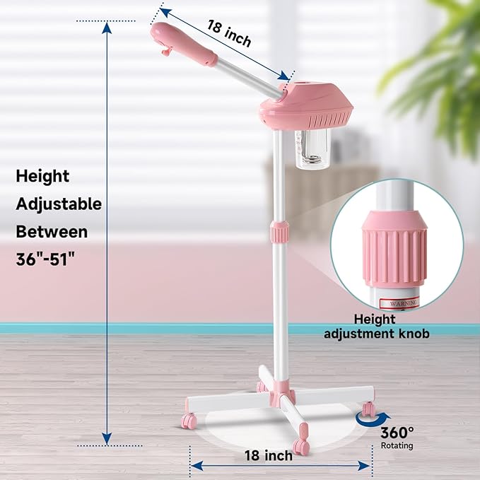 Face Steamer on Wheel Professional Ozone Face Steamer for Deep Facial Cleansing Pink