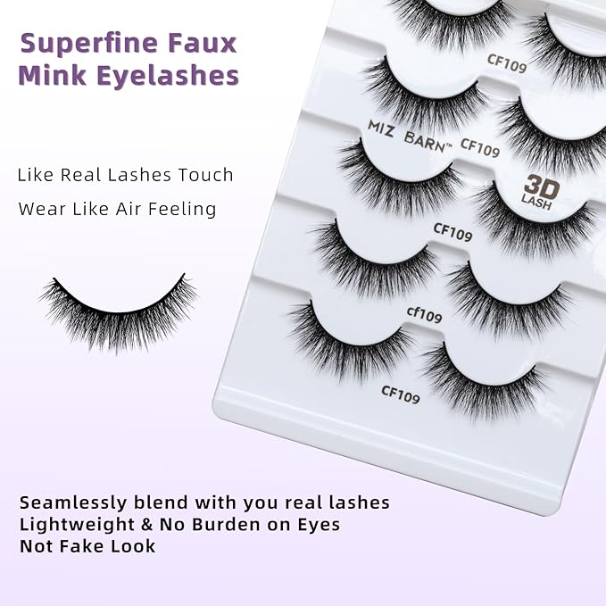 Miz Barn Lashes 5 Pairs Cat Eyes Wispy Lightweight Natural 3D Cashmere Soft Long Extension Eyelashes Pack Handmade Luxurious Volume Fluffy False Eyelashes (CF109)