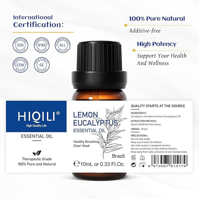 HIQILI Lemon Eucalyptus Oil, for Spary, Diffuser, Indoors, Outdoors, Garden, Yard, 100% Pure Natural - 0.33 Fl Oz