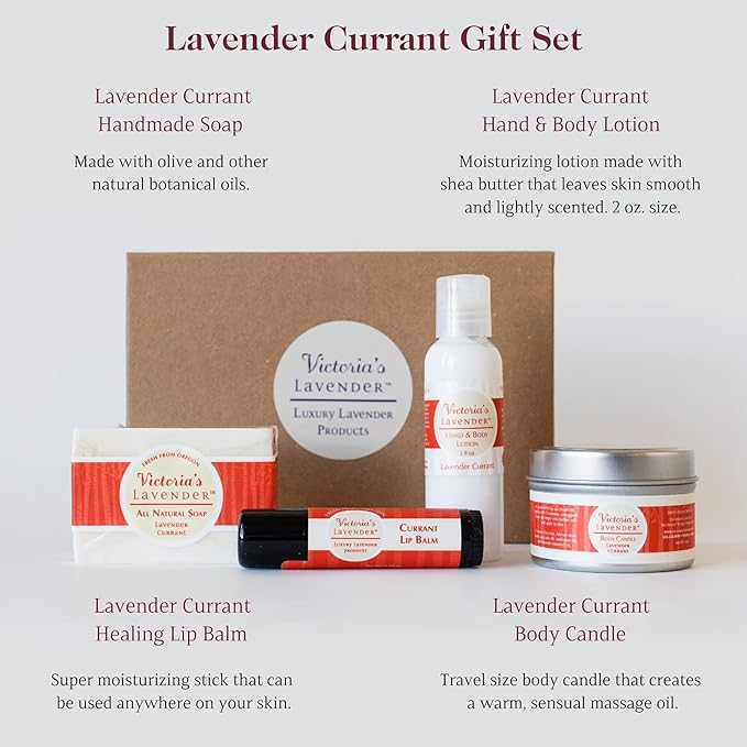 Victoria's Lavender Natural Body Products Gift Set - Handmade Soap, Hand & Body Lotion, Lip Balm, Body Candle Skin Care Sets & Kits, Lavender Bath and Body Products for Women, Lavender Currant