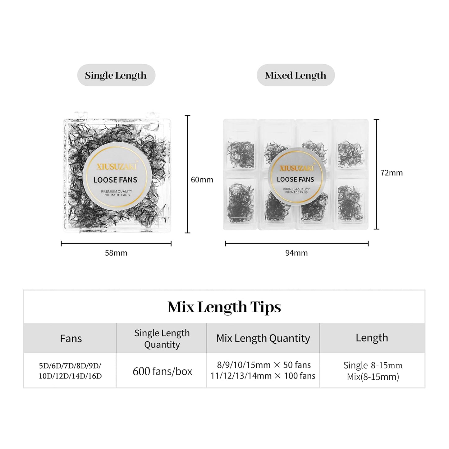 Premade Fans Eyelash Extensions - 600 Fans 9D Volume - 0.07 Thickness - C Curl - Mix 8-15mm