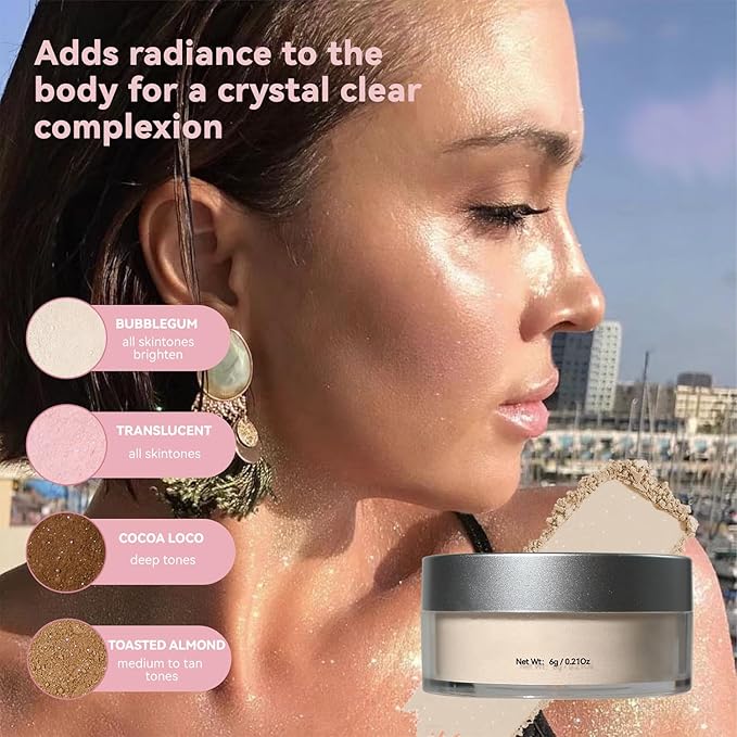Loose Face Powder Setting Powder, Shimmer Glitter Loose Powder, Matte Finishing Powder Shine, Waterproof, Oil Control, Lightweight Face Powder Makeup for All Skin Tones (Dark Complexion Shimmer)