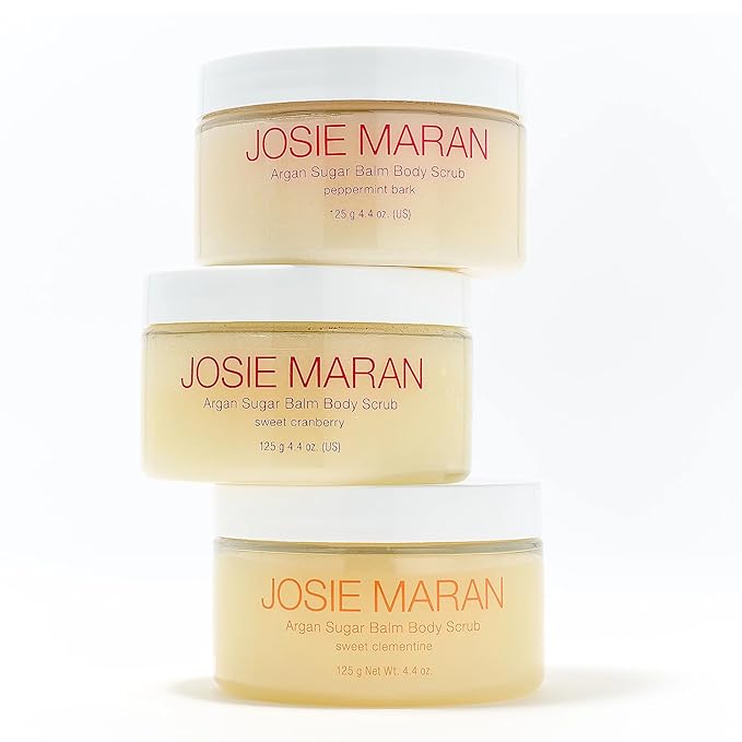 Josie Maran Argan Sugar Body Scrub Trio - 3-Piece Body Care Set - Softens, Smoothes & Hydrates Dry Skin - Includes Scents Sweet Clementine, Peppermint Bark & Sweet Cranberry (3 Count)