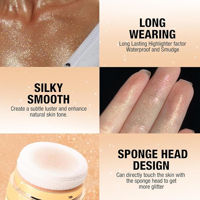 Glitter Body Highlighter Powder Body Shimmer Sparkle Face Brightening Highlighter Powder for Face Eyes Body Glow Makeup With sponge head（silvery）
