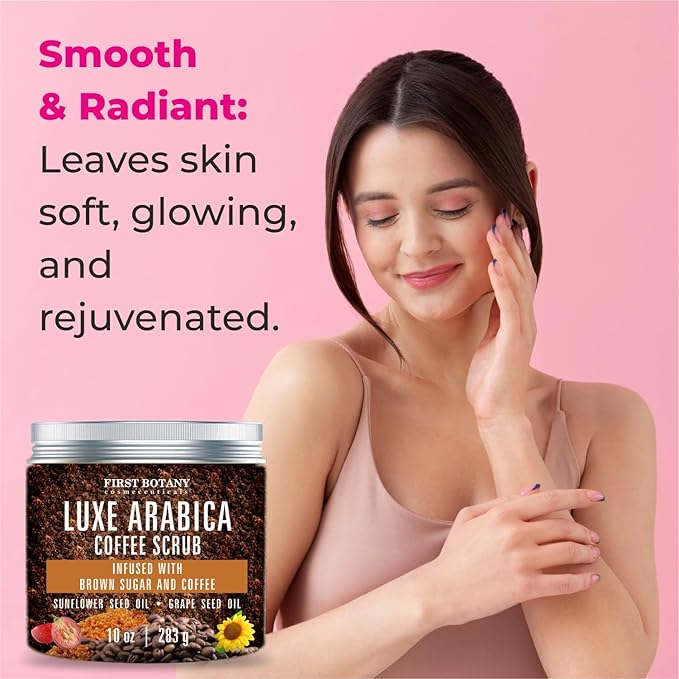First Botany Body Scrub - Natural Exfoliating Sugar Scrub & Body and Face Souffle helps with Moisturizing Skin, Acne, Cellulite, Dead Skin Scars, Wrinkles (10 fl oz, Brown Sugar + Coffee)