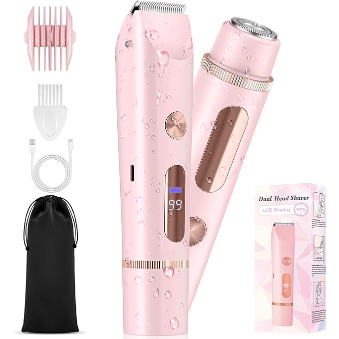 2025 Upgraded Bikini Trimmer for Women - 2 in 1 Dermave Bikini Shaver with LED Display, Dual Head Cordless Electric Shaver, IPX7 Waterproof Wet/Dry Body Hair Trimmer for Face, Body & Intimate Areas