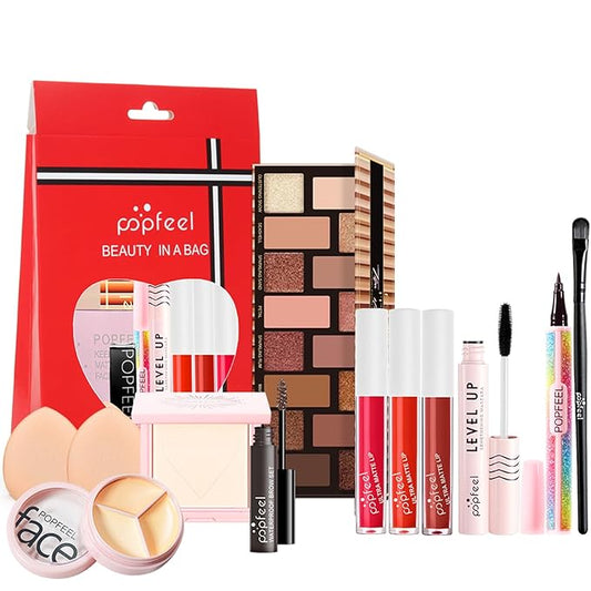 All in One Makeup Kit, Full Starter Essential Makeup Kit for Women Beginners Includes Eyeshadow Palette Lipgloss Mascara Eyeliner Eyebrow Pencil Concealer Powder Puff Set