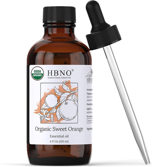 HBNO Organic Orange Essential Oil - Huge 4 oz (120ml) Value Size - USDA Certified Organic Orange Essential Oil, Cold Pressed for Aromatherapy, Soap Making, DIY, Diffuser