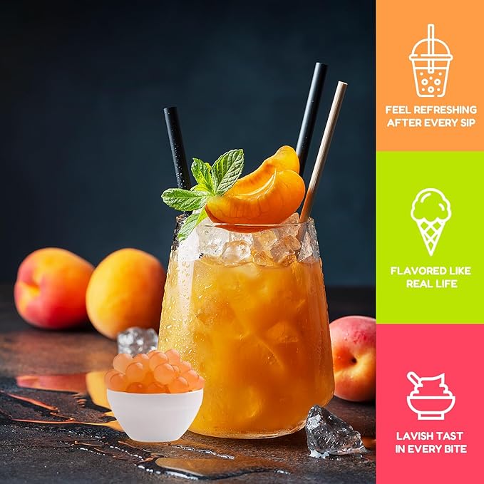 Fanale Peach Popping Boba Pearls, Vegan, Non GMO, Gluten Free, Fat Free, Perfect for Bubble Tea, Smoothies, Ice Cream, Desserts, and Beverages | FPB010