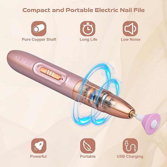 Electric Nail File ,Professional Nail Drill for Acrylic Gel Dip Powder Nails Portable Nail Machine Kit Manicure Pedicure Tools Polishing Set with Nail Drill Bits Sanding Bands (Rose Gold)