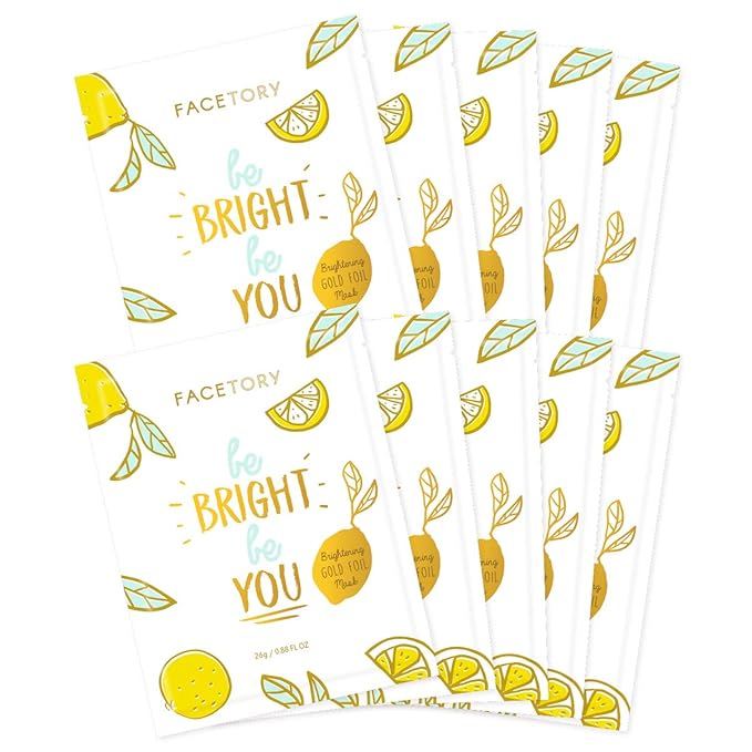 FACETORY K Beauty Face Mask Skin Care - BE BRIGHT BE YOU BRIGHTENING Sheet Mask with Gold Foil & Lemon Fruit | Glowing Gold Brightening Face Mask (10 Pack)