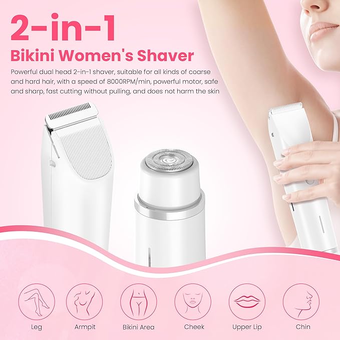 Bikini Trimmer for Women-2 in 1 Electric Razors for Women,USB Rechargeable Bikini Electric Shaver,IPX7 Waterproof Dry & Wet Use Body Hair Trimmer and Facial Hair Remover for Underarm Leg Body,White