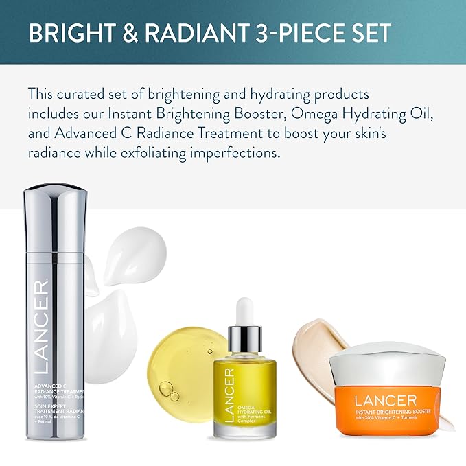 Lancer Skincare Bright & Radiant 3-Piece Set with Instant Brightening Booster, Omega Hydrating Oil, and Advanced C Radiance Treatment for Glowing Skin