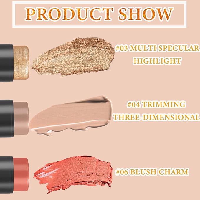 3 PCS Cream Contour Blush Stick,Long Lasting Waterproof Blush Stick for Cheeks&Lips Multipurpose Face Highlighting Concealing Cream,Shimmer Contour Stick Makeup for Women