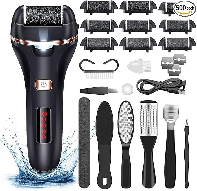 Electric Callus Remover for Feet,Rechargeable Foot File Hard Skin Remover,Waterproof 14 in1 Professional Pedicure Kit for Cracked Heels &Dead Skin,with 9 Roller Heads 2 Speed