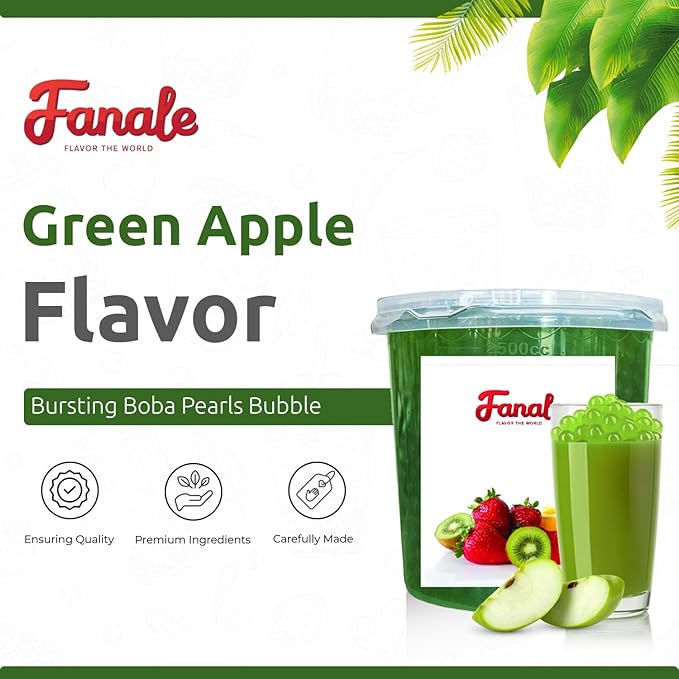 Fanale Green Apple Popping Boba Pearls, Vegan, Non GMO, Gluten Free, Fat Free, Perfect for Bubble Tea, Smoothies, Ice Cream, Desserts, and Beverages.