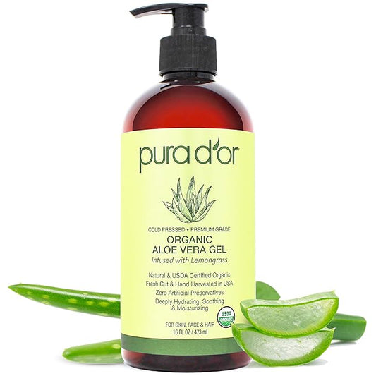 PURA D'OR 16 Oz ORGANIC Aloe Vera Gel - Lemongrass - All Natural - ZERO Artificial Preservatives - Deeply Hydrating & Moisturizing - Sunburn, Bug Bites, Rashes, Small Cuts, Eczema Relief - Skin & Hair