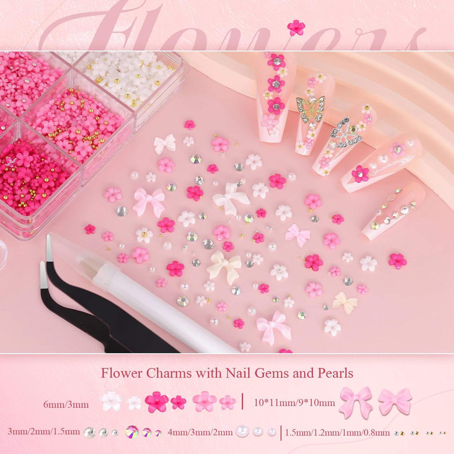 3D Nail Charms and Gems Set 5, 75PCS Chunky Coquette Pink and White Bow Nail Charms + Kawaii Cute 3D Flowers for Nails + Clear and AB Glass Rhinestones + Flatback Pearls for Y2K Acrylic Nail Design