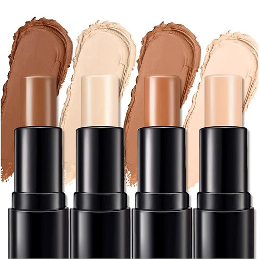 4 Colors Cream Contour, Stick Palette, Contouring Concealer, Stick Primer, Face Makeup Kit for Beginners, Cream Concealer and Highlight Stick(#1+2)