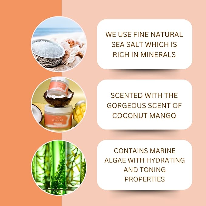 Sea Salt Body Scrub by Florida Suncare - Ocean Salt Body Polish Infused with Marine Algae - Exfoliating Face and Body Scrub - Facial Scrub Exfoliator to Tackle Acne and Scars (Coconut Mango, 3.3 oz)