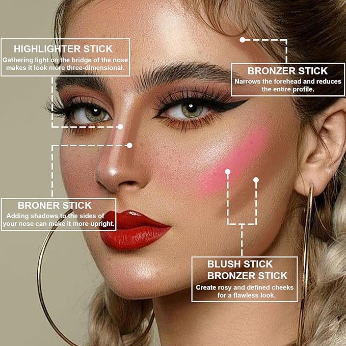 Lezero 3Pcs Contour Stick Makeup Kit, Shades with Highlighter, Blush and Bronzer Stick for Sculpt the Face and All Skin Type, Long Lasting, Smooth, Dewy & Matte Finish, LIGHT