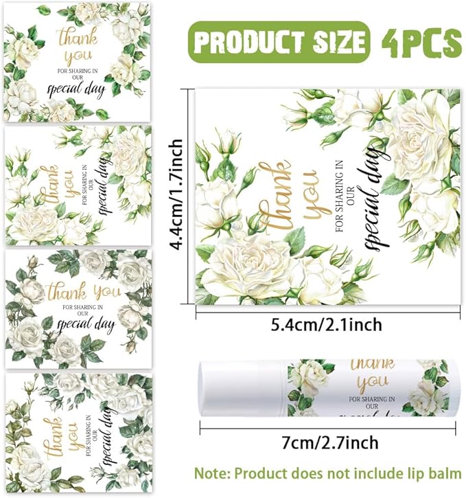 OLYCRAFT 100Pcs Self-Adhesive Lip Balm Tag Stickers 1.7x2.1 inch Waterproof Adhesive Stickers with White Rose Flower Lipstick Tag Sticker for Lip Balm Container Tubes Lipstick Wrapping Decoration