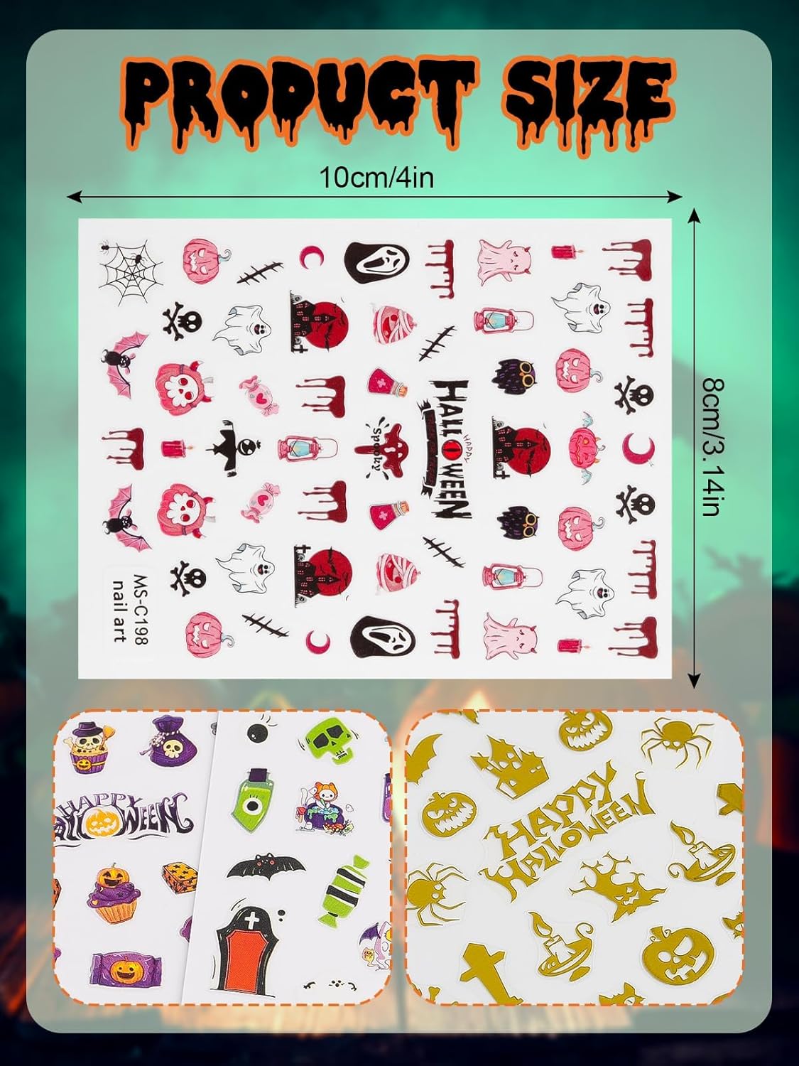 Halloween Nail Art Stickers Decals, Kalolary Self-Adhesive DIY Nail Sticker Decals 3D Design Nail Decorations for Halloween Party Include Pumpkin/Bat/Ghost/Witch(12 Sheets)