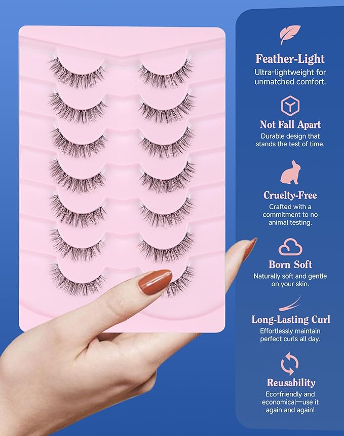 Clear Band Lashes Short Everyday Wispy False Eyelashes Natural Look Flared Strip Eyelash Small Lash Soft Fluffy Pack 7 Pairs SF-06