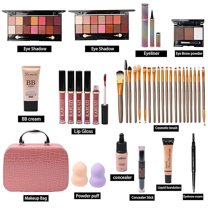 All in One Makeup Kit for Makeup storage bag 2X14 Colors Eyeshadow Palette Liquid Foundation Eyeliner Pencils Contouring Stick Lip Gloss Eyebrow Pencils 20Pcs Makeup Brushes etc For Women Girls Teens (Pink)