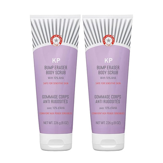 First Aid Beauty - KP Bump Eraser Body Scrub with 10% AHA, Keratosis Pilaris Skin Exfoliater with Glycolic and Lactic acids, Helps Reduce Chicken Skin Bumps, Safe for Sensitive Skin, 8 oz, 2ct