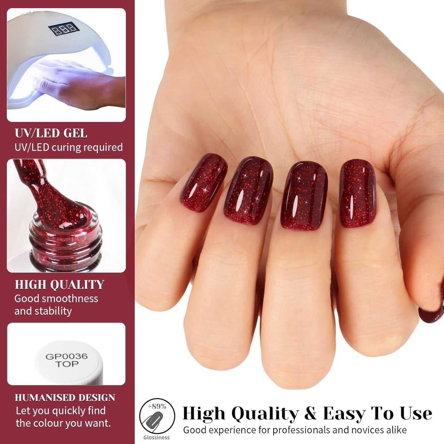 Glitter Red Gel Polish,Sparkly Shimmer Christmas Red Glitter Gel Nail Polish,0.51 Fl Oz Soak Off UV Poinsettia Gel Nail Polish for DIY Nail Art,Holiday Gifts - GP0064