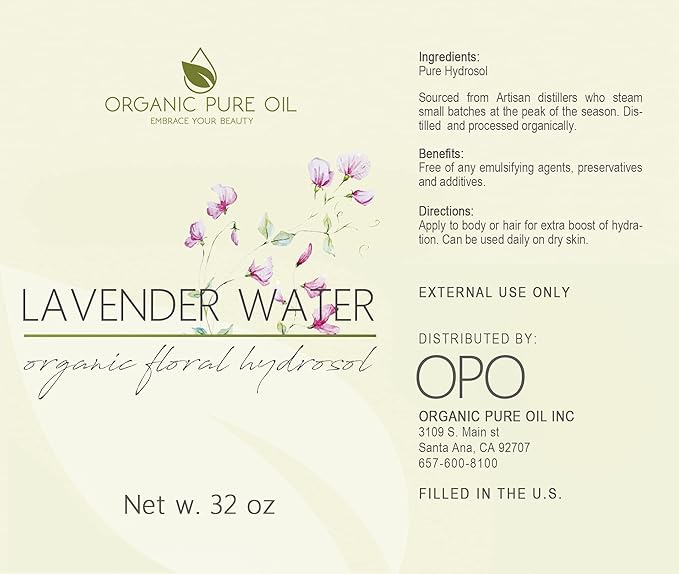 Lavender Water Hydrosol - Pure Steam Distilled Natural Non GMO Calming Bulk Body, Face, Facial Toner, Aromatherapy, Set Makeup, Cleanser Mist Spritz - 32oz - OPO
