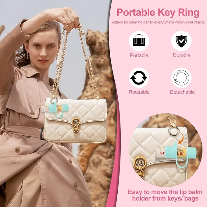 Desing Wish 2 PCS Silicone Lip Balm Holder with Cap Cover Portable Chapstick Holder Keychain Sleeve Lip Balm Key Chain with Key Ring and Wrist Strap Lanyard - Pink/Purple