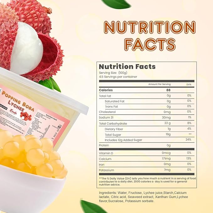 Fanale Lychee Popping Boba Pearls, Vegan, Non GMO, Gluten Free, Fat Free, Perfect for Bubble Tea, Smoothies, Ice Cream, Desserts, and Beverages1 Pound (Pack of 1).