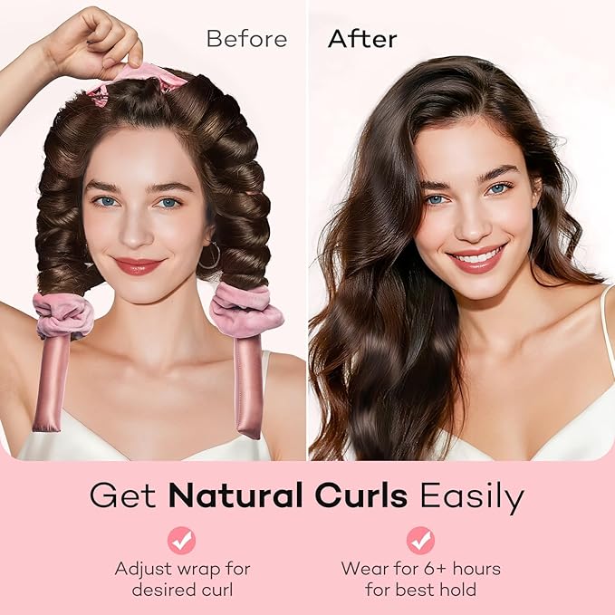 Umisleep 22 Momme 100% Mulberry Silk Heatless Hair Curler Set — Frizz-Free Hair Rollers for Women Long Hair, Overnight Heatless Curls, Upgraded Soft Flat Design with Clips & Scrunchies, Pink
