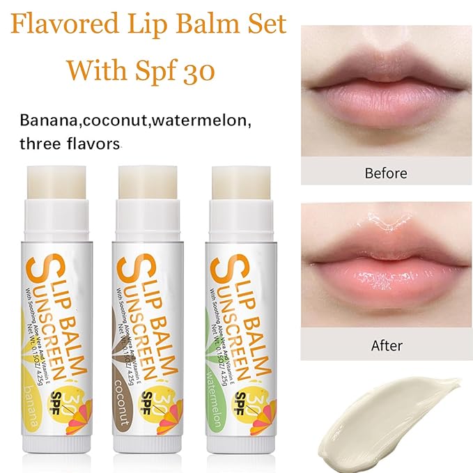 Spf 30 Lip Balm, 3Pcs Sunscreen Lip Balm, Lip Balm With Spf, Flavored Lip Balm, Vitamin E Lip Balm Set, Aloe Vera Hydrating Lip Balm for Women Gilrs