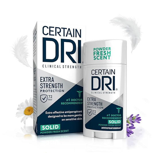 Certain Dri Extra-Strength Clinical Solid Antiperspirant - 72-Hour Sweat & Odor Protection for Hyperhidrosis - Maximum-Strength - Powder Fresh Scent - 1.7 oz