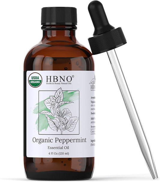HBNO California Bottled Organic Peppermint Essential Oil (Mentha Piperita) 4 fl oz (120ml) - USDA Certified Organic Peppermint Oil for Hair - Perfect for Aromatherapy