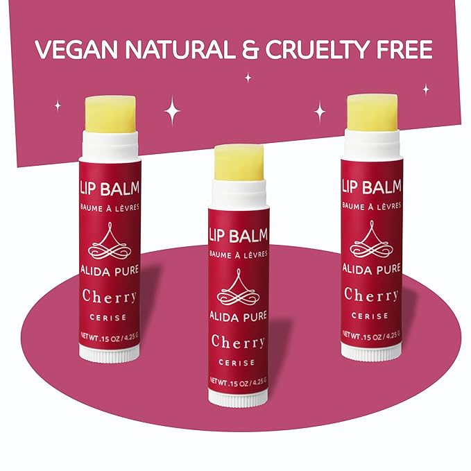 Cherry Lip Balm Collection, Vegan Lip Balm Set, Beeswax Free, with Avocado Oil, Organic Jojoba Oil, and Vitamin E, Natural Moisturizer for Dry, Chapped Lips, 3 Tube Set