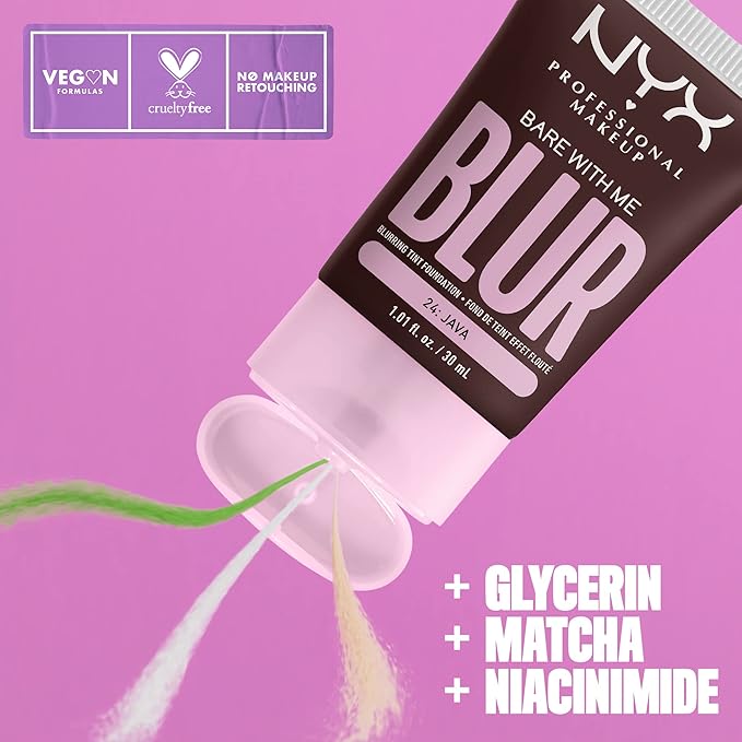 NYX PROFESSIONAL MAKEUP Bare With Me Blur Skin Tint Foundation Make Up with Matcha, Glycerin & Niacinamide - Java